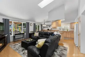 Skylights provide natural light to this cozy great room