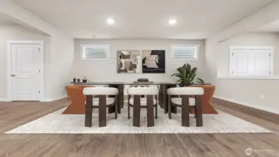 Another view of the dining area with transom windows. Actual home is under construction and materials, colors, and finishes will vary. See site agent for details