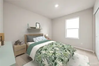 One of the bedrooms on the 2nd level. Actual home is under construction and materials, colors, and finishes will vary. See site agent for details.