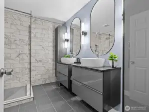 A gorgeous spa-like bathroom is stunningly designed.