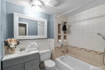 HALLWAY BATHROOM | Another view of the bathroom located at the top of the stairs to the right.