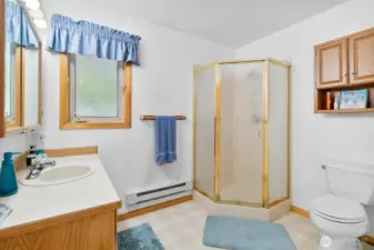Clean ¾ bathroom with updated fixtures and shower.