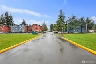 After completing the left turn take your first right turn.