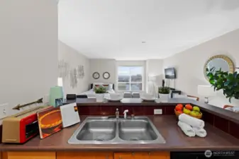 View from kitchen to the living room/studio