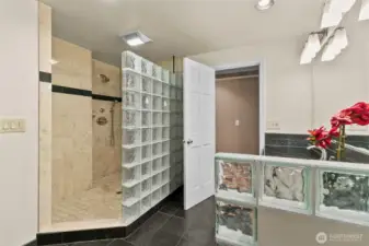 Walk-in shower in the primary bath.