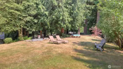 Relax and entertain in this spacious backyard surrounded by mature trees for added privacy.