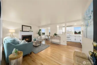 Circular floor plan from the living room and dining room to the kitchen.