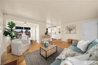 This view shows the dining room and hallway to the bedrooms.