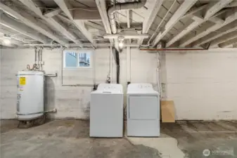 Washer, dryer, hot water and furnace in the basement.