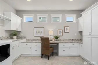 The popular Smart Space is a laundry, craft, office or whatever you need it to be!  Quartz counters, tile floors, tons of storage and a handy utility sink.