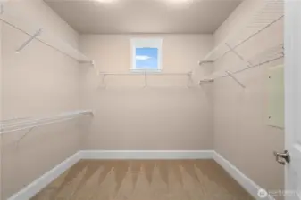 Spacious primary walk-in closet with a window for helpful natural light.