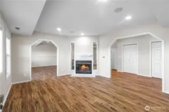 Large family room with wood fireplace