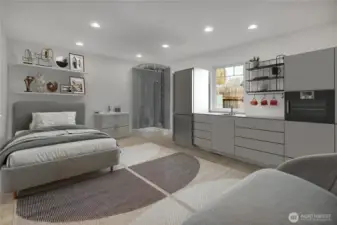 Staged - potential Living space use of shop. Buyer to verify necessary information with city and acquire all necessary permits if authorized.