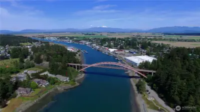 Rainbow Bridge, Swinomish Channel, Town of La Conner on the right, Skagit Valley Farmland in the background.