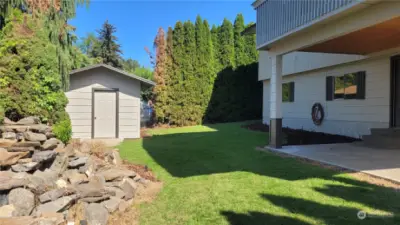 Backyard with storage shed