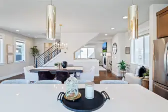 The view of the dining area from the kitchen.