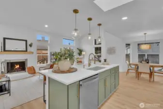 The newly remodeled kitchen island with bar seating creates the perfect hub for casual dining and entertaining.