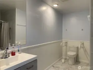 Main bath located on main floor with roll-in shower.