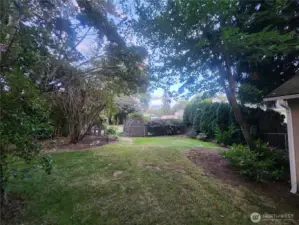 Gently sloped back of property with lots of trees and fruit trees, bushes and flower