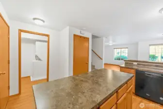 Kitchen with downstairs half bathroom