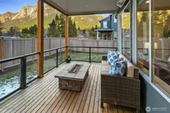 The lower deck also has an outdoor heater that is hard wired and sleek see through deck railings.