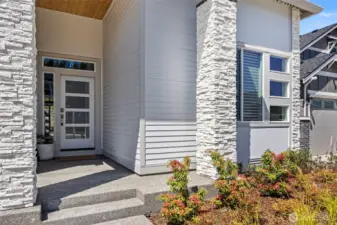 Stacked Stone Columns, Natural Wood Accent Ceiling