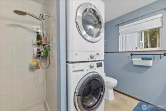 Shower and stackable washer dryer in lower level.