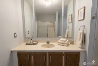 Bathroom.  Digitally staged for illustration purposes.