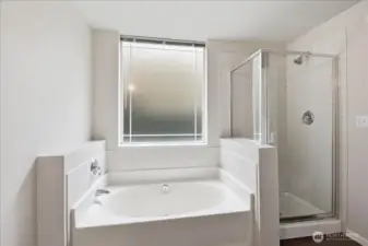The soaking tub is low profile for easy in and out access.