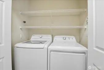 The laundry room has additional storage.  The full sized washer/dryer will stay as will all appliances.