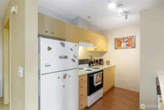 Kitchen with ample cabinet storage, counter space, and hardwood floors