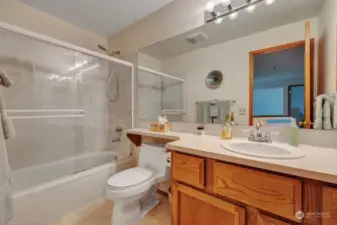 Upper level full guest bathroom. Vanity with storage. Hallway linen closet for all the bath necessities.