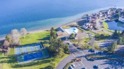 A view of some of the many amenities that come with the condo purchase, including pickleball, tennis, gym, swimming, Port Ludlow Inn & Fireside Restaurant and clubhouse where many events take place.