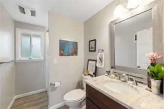 3/4 bath off the dining room also features quartz counter.