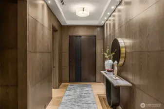 Stunning white oak paneling throughout with Vermont plank clear rift whit oak hardwood flooring.