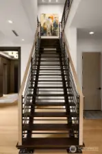 Custom designed steel staircase with solid wood treads.