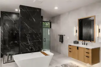 Tiled from floor to ceiling. Heated floors. Dual floating vanities. Stand alone sculpture stone, freestanding tub. Slab-built standing shower with dual showerheads and dual entry.