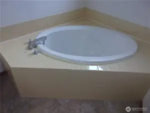 Tiled soaking tub in primary bathroom.