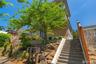 Park on 32nd West and walk up stairs to the middle home.