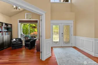 fCustom french doors at entrance  with frosted, cut glass. French door at office