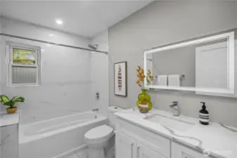 Shared upstairs bath with custom heated tile floors