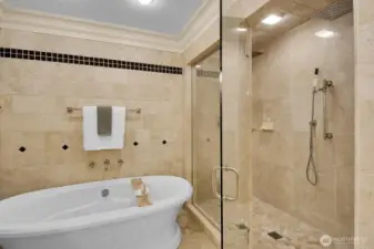 Primary bathroom features a soaking tub and oversized shower stall