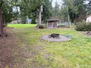 Flat land. Firepit looks to golf course. Shed is on the right.