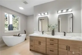 Massive 5 piece bathroom with two sink vanity