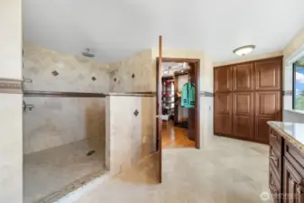 Large walk-in tiled shower.