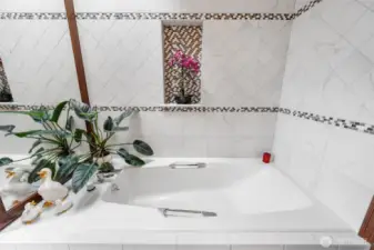 Main floor bathroom features a sunken tub so great for letting Calgon take you away.