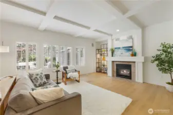 Family Room with traditional 3.5 inch shutters, overlooking beautiful back yard.