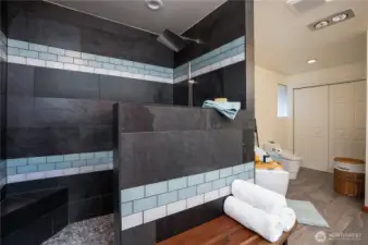 5 piece primary bathroom with a washer/dryer included behind the folding doors.