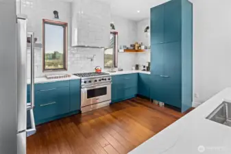 Chefs kitchen with floor to ceiling custom cabinetry and under-cabinet sweep vacuum
