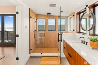 Dual-head shower, radiant floor heat and unique dual sink